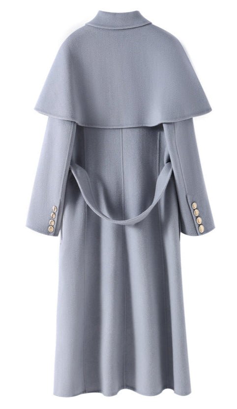 Back view of Extra-Long Double Wool Coat With Detachable Shawl Collar in light blue with elegant design features
