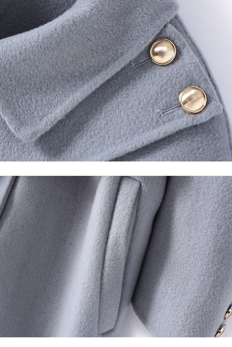 Close-up of Extra-Long Double Wool Coat With Detachable Shawl Collar in Grey with Stylish Buttons