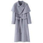 Extra-Long Double Wool Coat With Detachable Shawl Collar in Soft Gray, featuring a tied waist and button accents