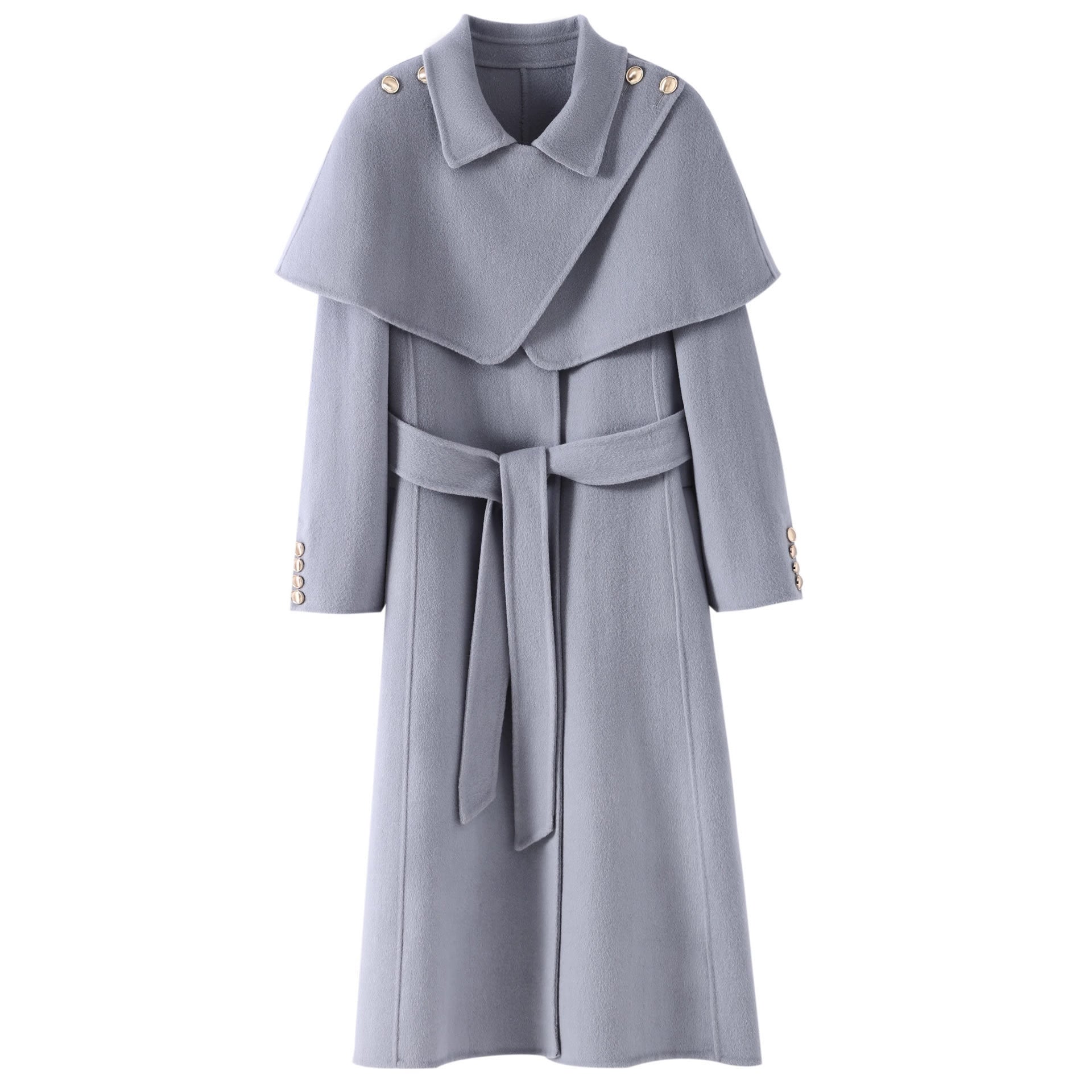 Extra-Long Double Wool Coat With Detachable Shawl Collar in Soft Gray, featuring a tied waist and button accents