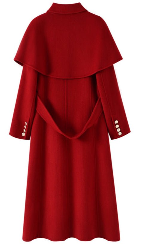 Extra-Long Double Wool Coat With Detachable Shawl Collar in vibrant red with elegant button details