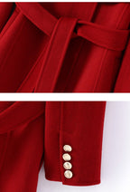 Extra-Long Double Wool Coat With Detachable Shawl Collar in Red with Stylish Button Details
