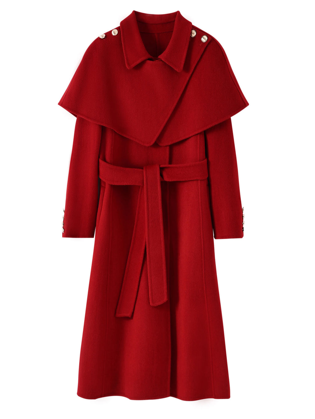 Extra-Long Double Wool Coat With Detachable Shawl Collar in bold red featuring a tie belt and stylish buttons