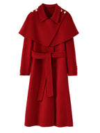 Extra-Long Double Wool Coat With Detachable Shawl Collar in bold red featuring a tie belt and stylish buttons