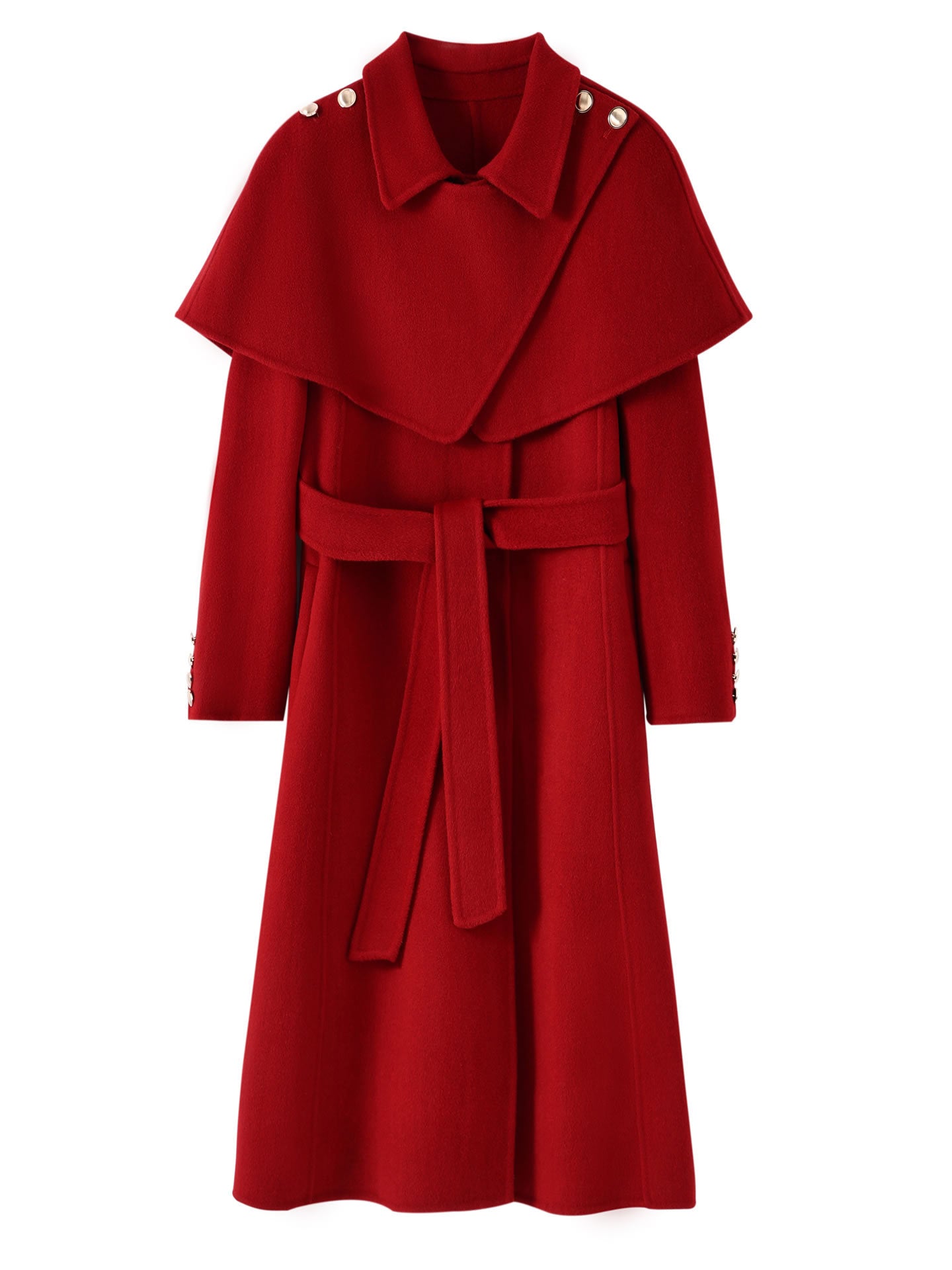 Extra-Long Double Wool Coat With Detachable Shawl Collar in bold red featuring a tie belt and stylish buttons