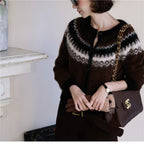Fair Isle Core Cardigan in earthy tones, featuring a stylish design and button closure for cozy layering