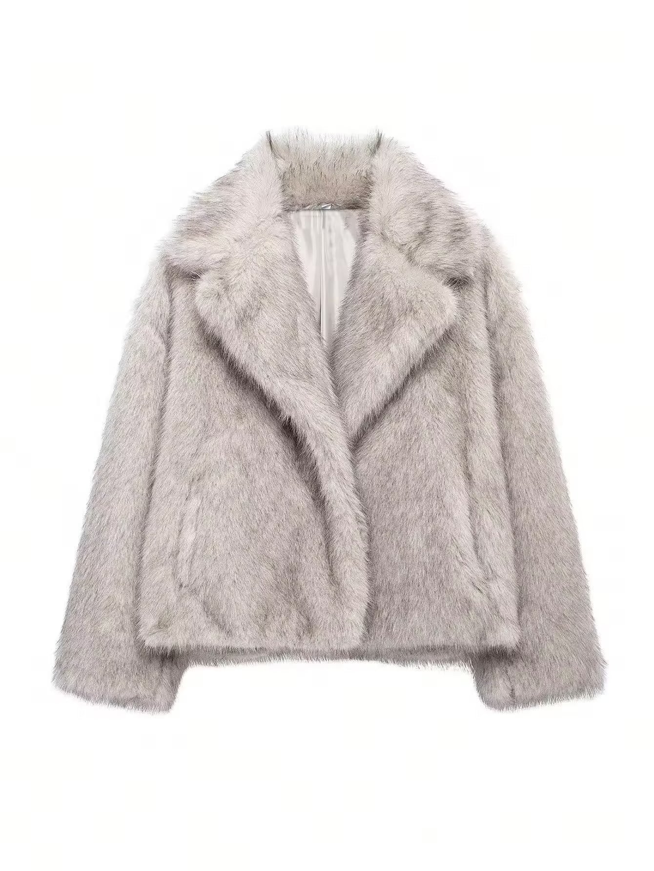 Gray faux fur jacket on a white background