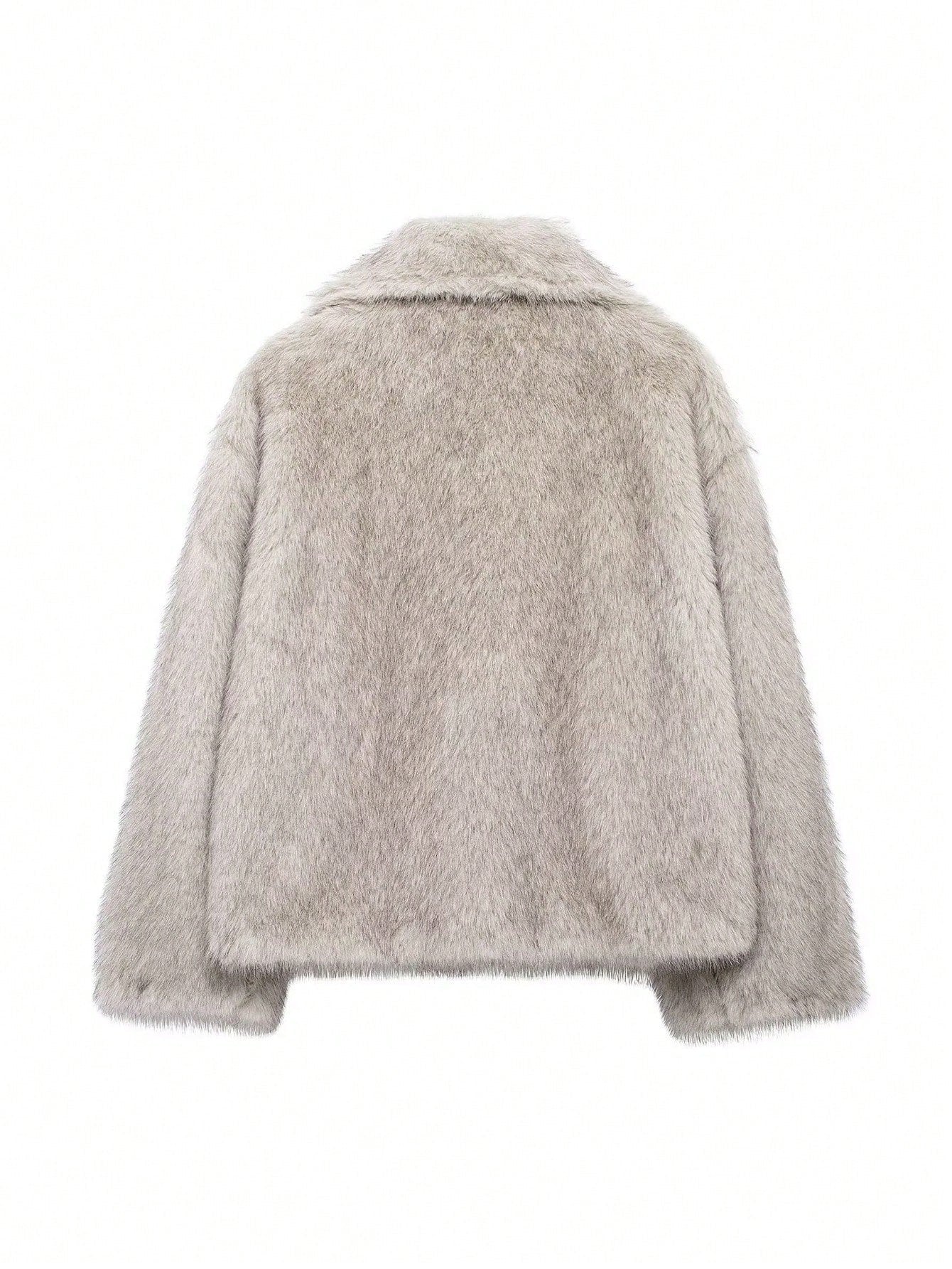 Back view of AM Vision RO Faux Fur Effect Coat in soft gray, perfect for stylish winter layering