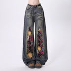 AM Vision RO Firework Bloom Wide-Leg Denim Pants with Floral Design for a Trendy Look