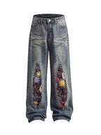 Firework Bloom Wide-Leg Denim Pants with Colorful Floral Patterns on Side Panels