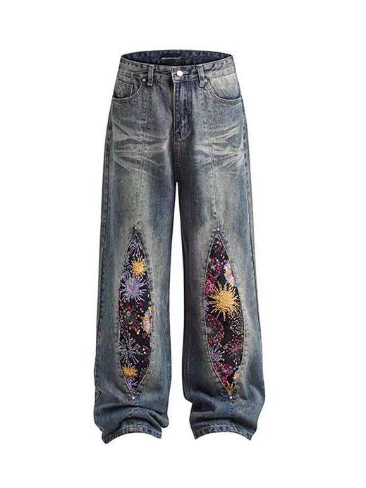 Firework Bloom Wide-Leg Denim Pants with Colorful Floral Patterns on Side Panels