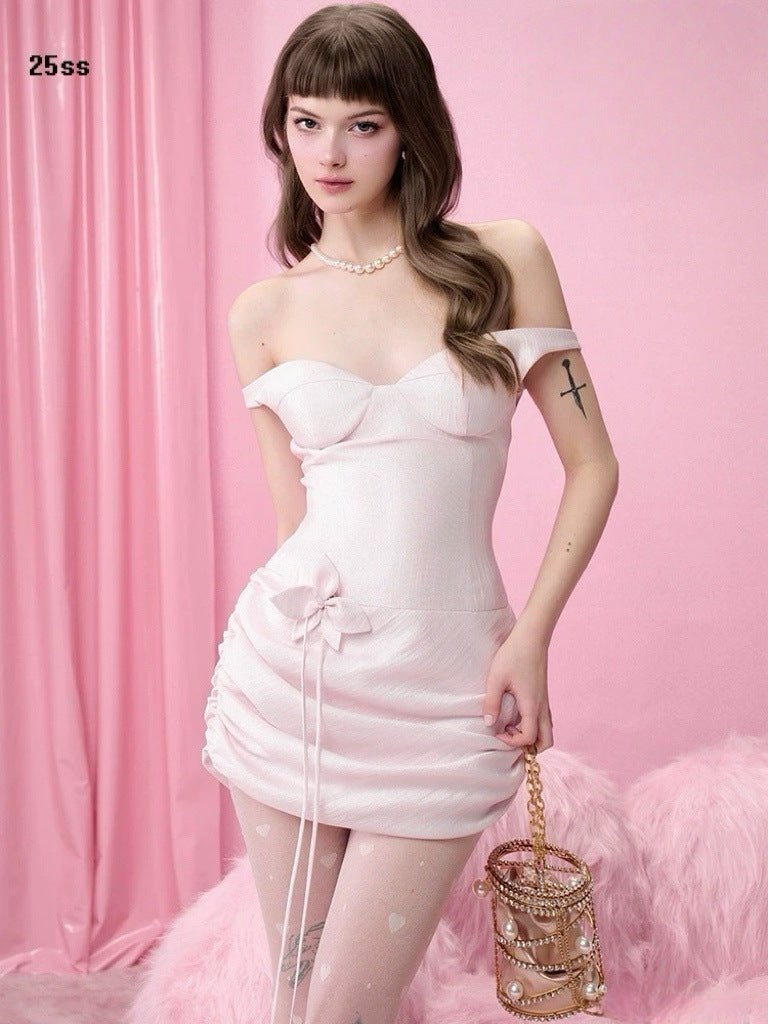 Flirty Bow-Tie Tube Top Dress in light pink with off-shoulder design and ruched detail