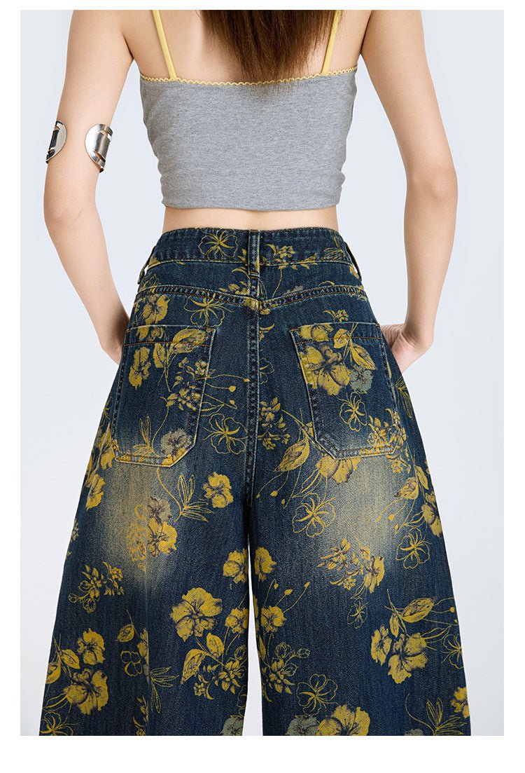 Floral Denim Culottes Pants featuring a vibrant floral pattern and wide-leg design from AM Vision RO