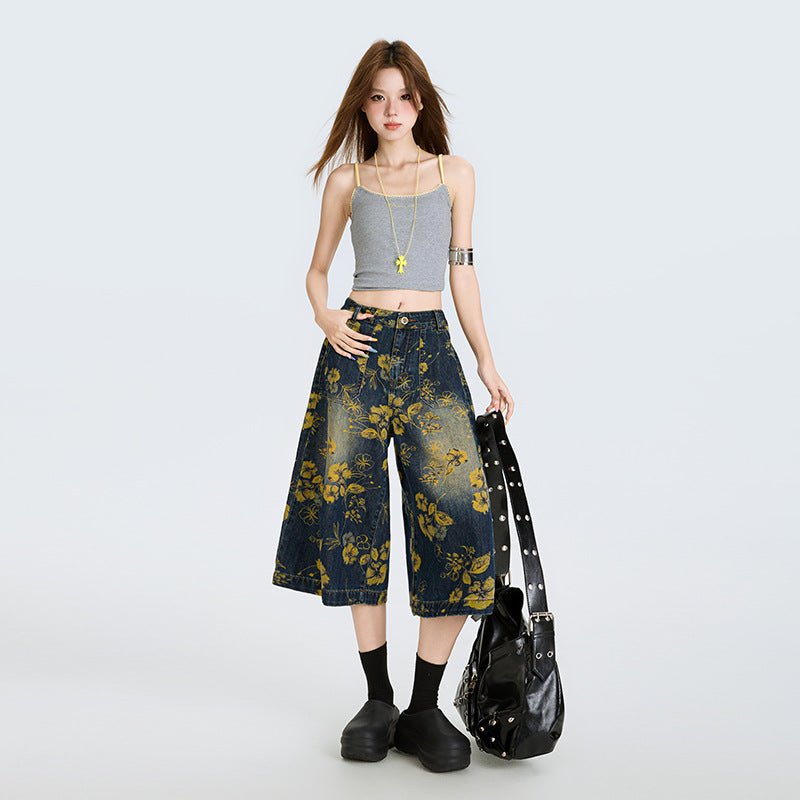 Floral Denim Culottes Pants with a relaxed fit and vibrant flower patterns for a stylish look
