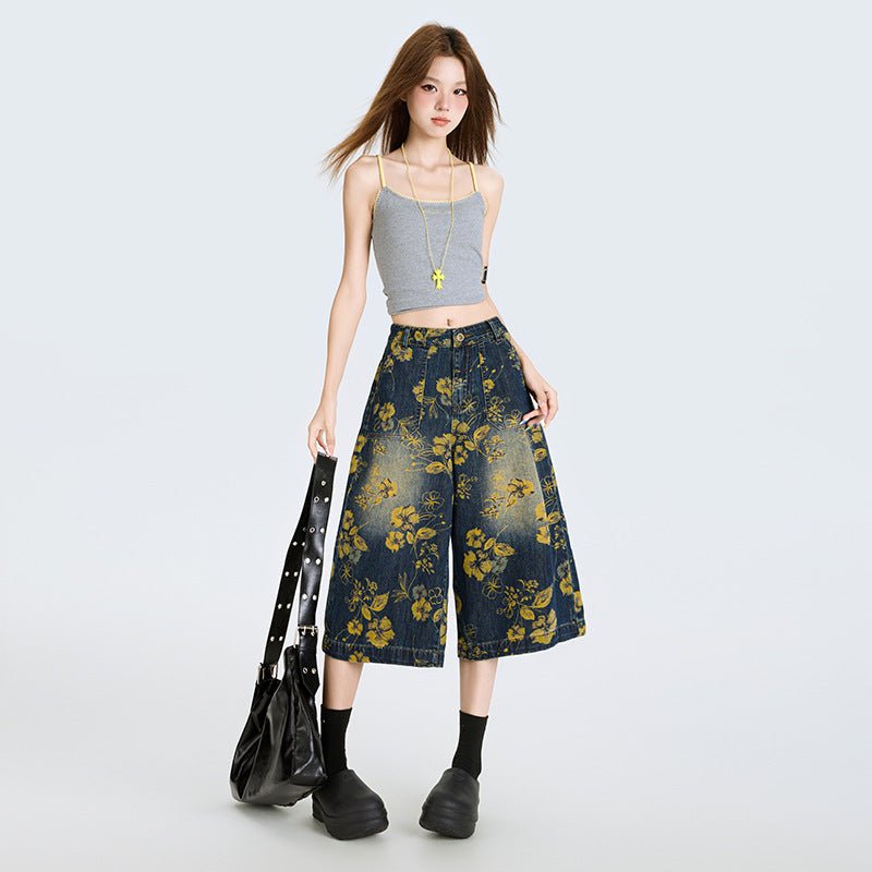 Floral Denim Culottes Pants with stylish floral design, perfect for casual summer outfits