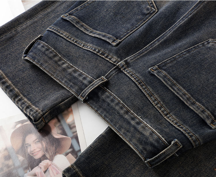 Dark denim Floral Rhinestone Vintage Jeans with multiple pockets styled for a chic look