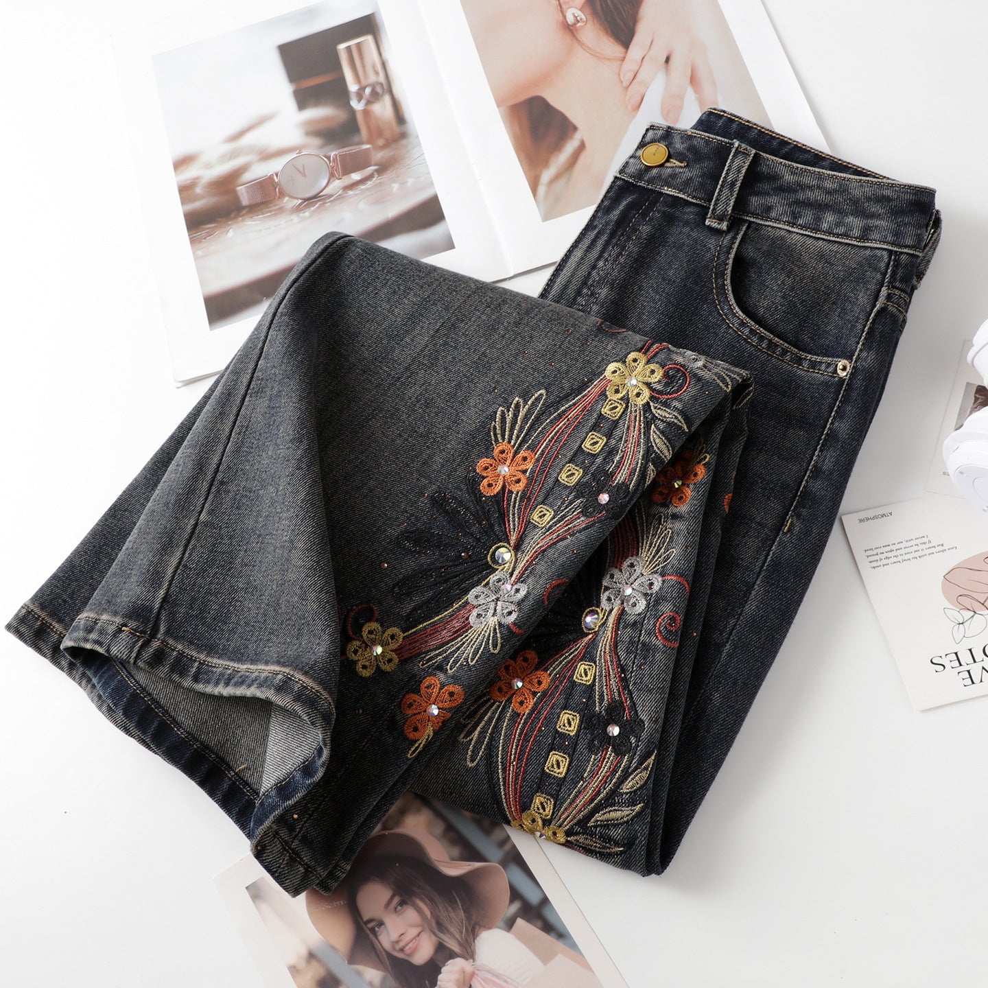 Floral Rhinestone Vintage Jeans featuring intricate floral designs and a dark denim finish