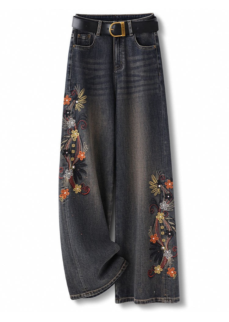 Floral Rhinestone Vintage Jeans with Wide Leg Design and Colorful Embroidery Details