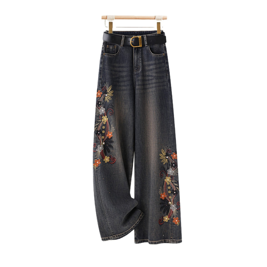 Floral Rhinestone Vintage Jeans with Wide Legs and Colorful Embroidery Design