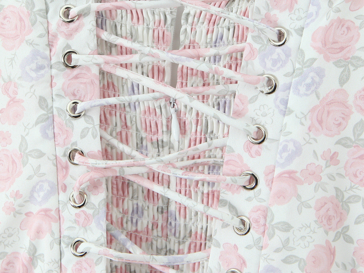 Close-up of French Floral Lace Slip Dress featuring a floral pattern and lace-up detailing