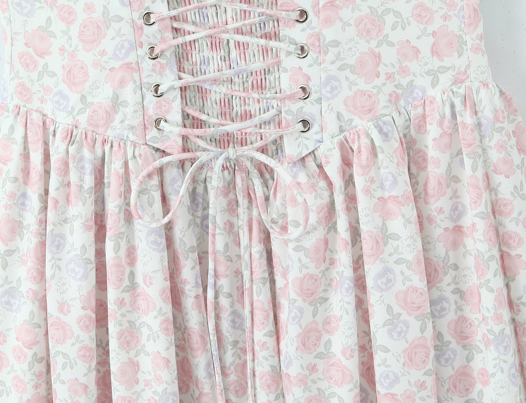 AM Vision RO French Floral Lace Slip Dress with delicate floral patterns and lace-up front detail