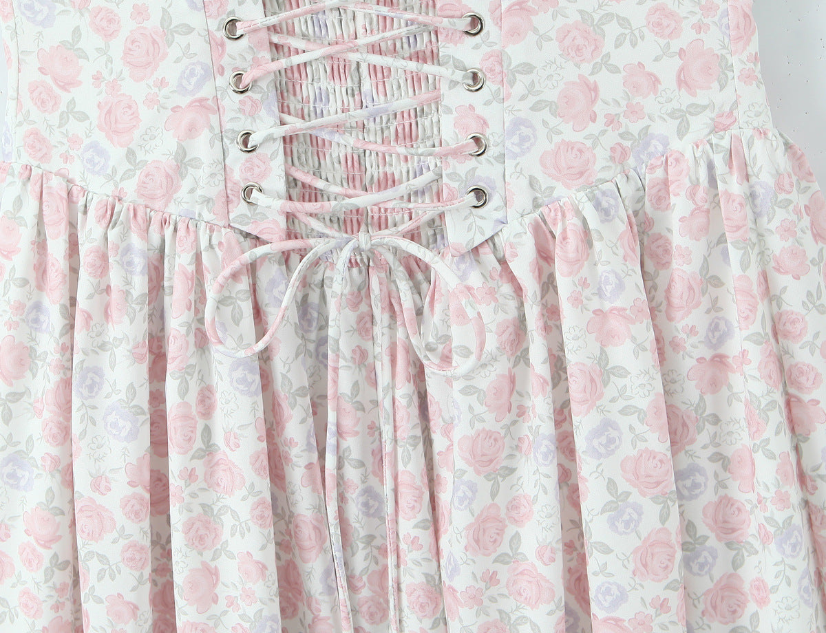 AM Vision RO French Floral Lace Slip Dress with delicate floral patterns and lace-up front detail