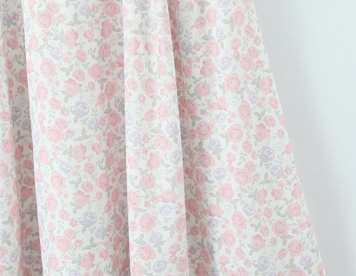 French Floral Lace Slip Dress featuring a delicate pattern of pink and lavender roses on a light background