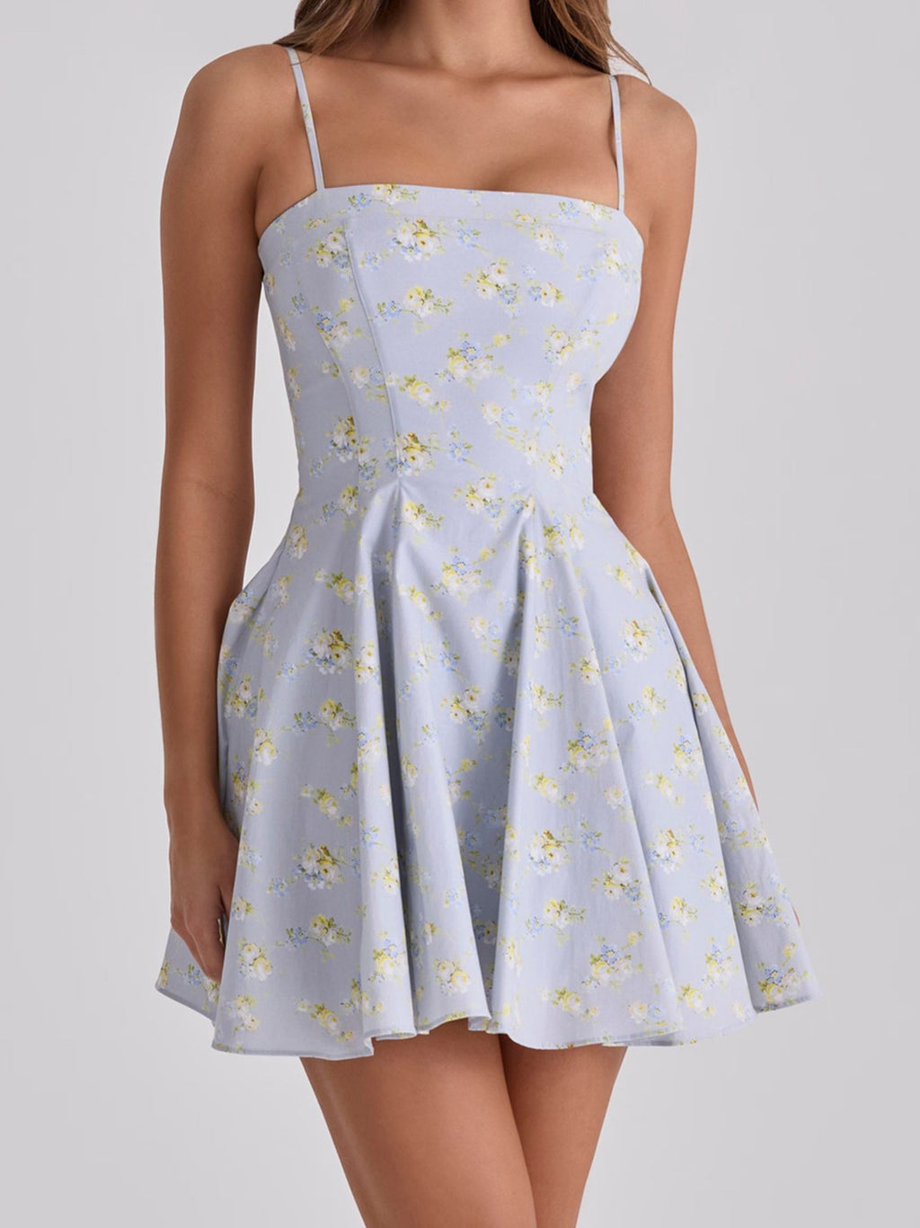 Elegant French Floral Mini Slip Dress in Light Blue with Sweet Floral Print and Flared Skirt