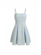 French Floral Mini Slip Dress in light blue with delicate yellow floral pattern for a chic summer look