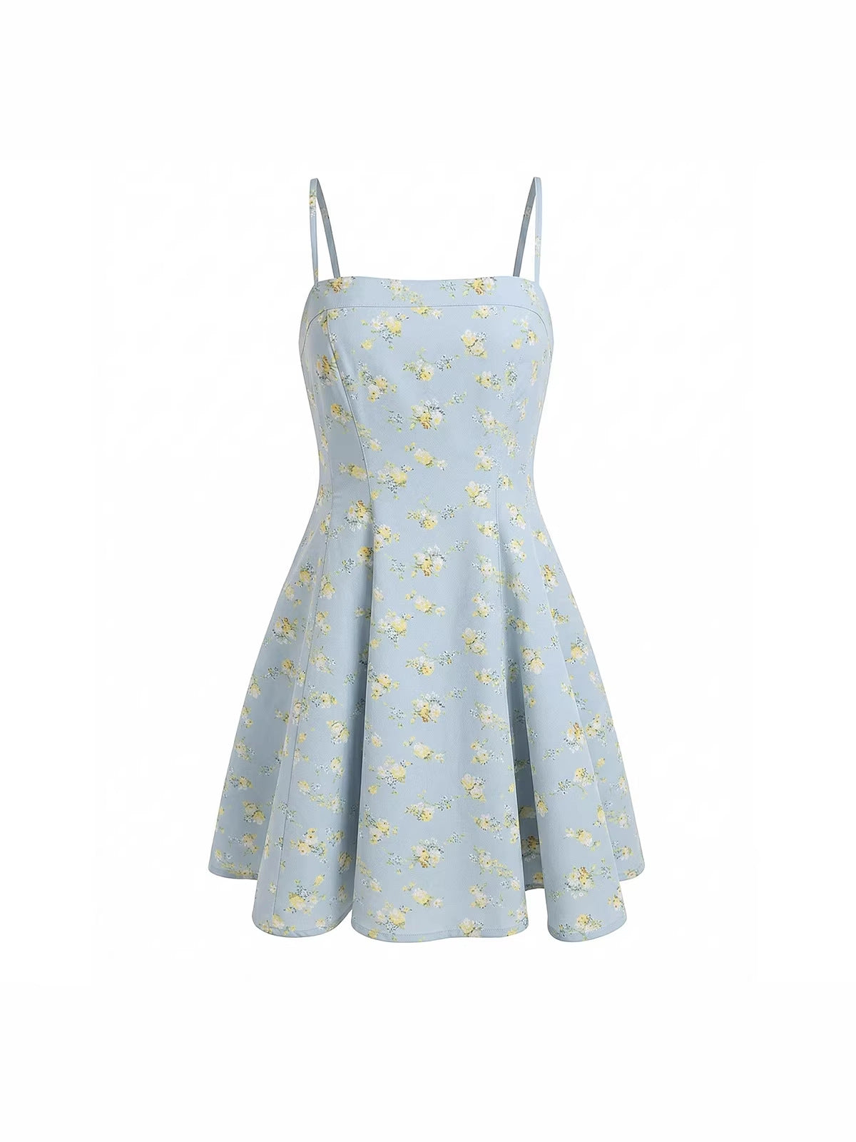 French Floral Mini Slip Dress in light blue with delicate yellow floral pattern for a chic summer look