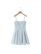Light blue French Floral Mini Slip Dress with delicate yellow floral patterns and adjustable straps