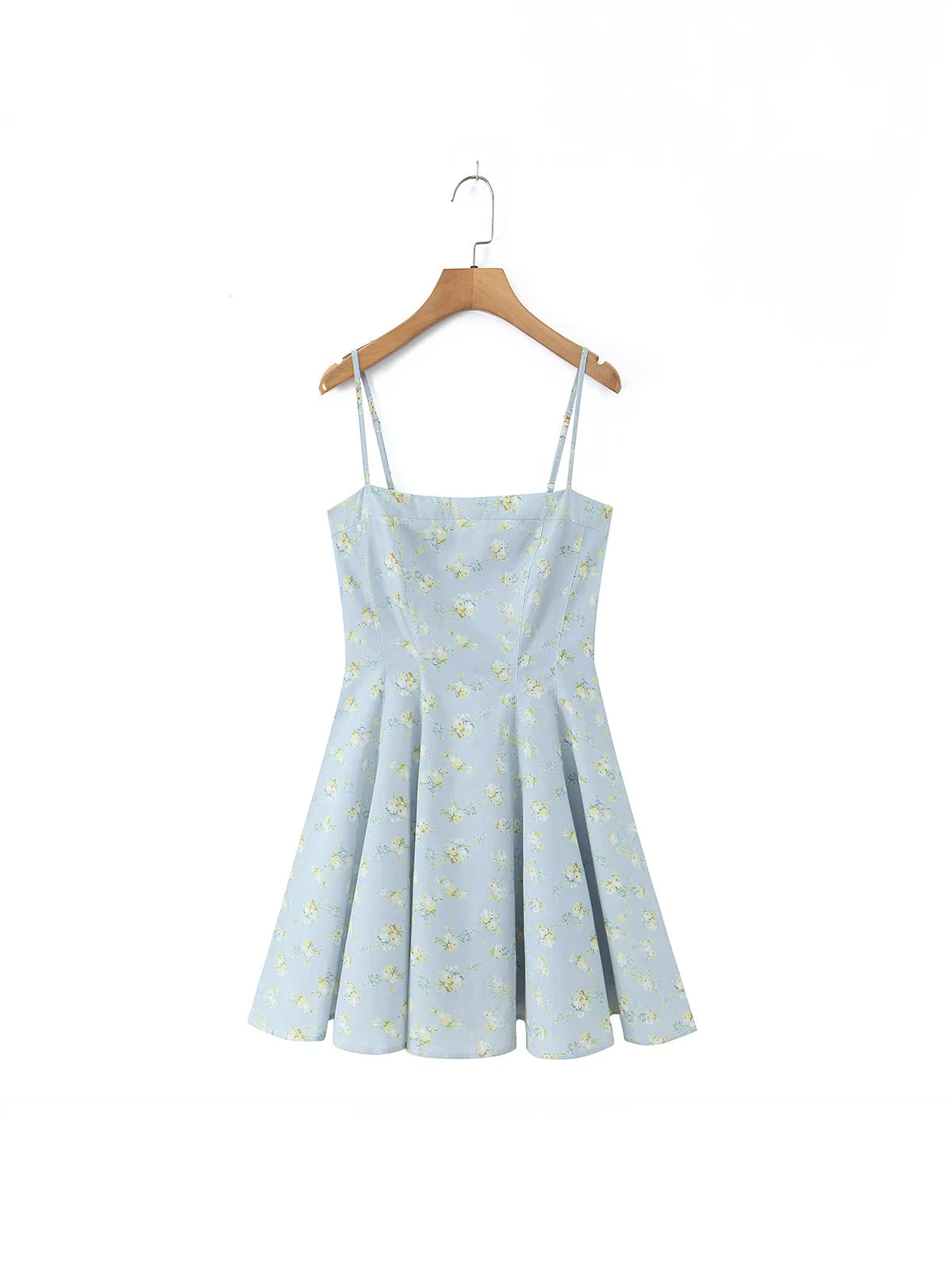 Light blue French Floral Mini Slip Dress with delicate yellow floral patterns and adjustable straps
