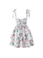 AM Vision RO French Floral Tea Dress with Ruffled Skirt and Adjustable Tie Straps