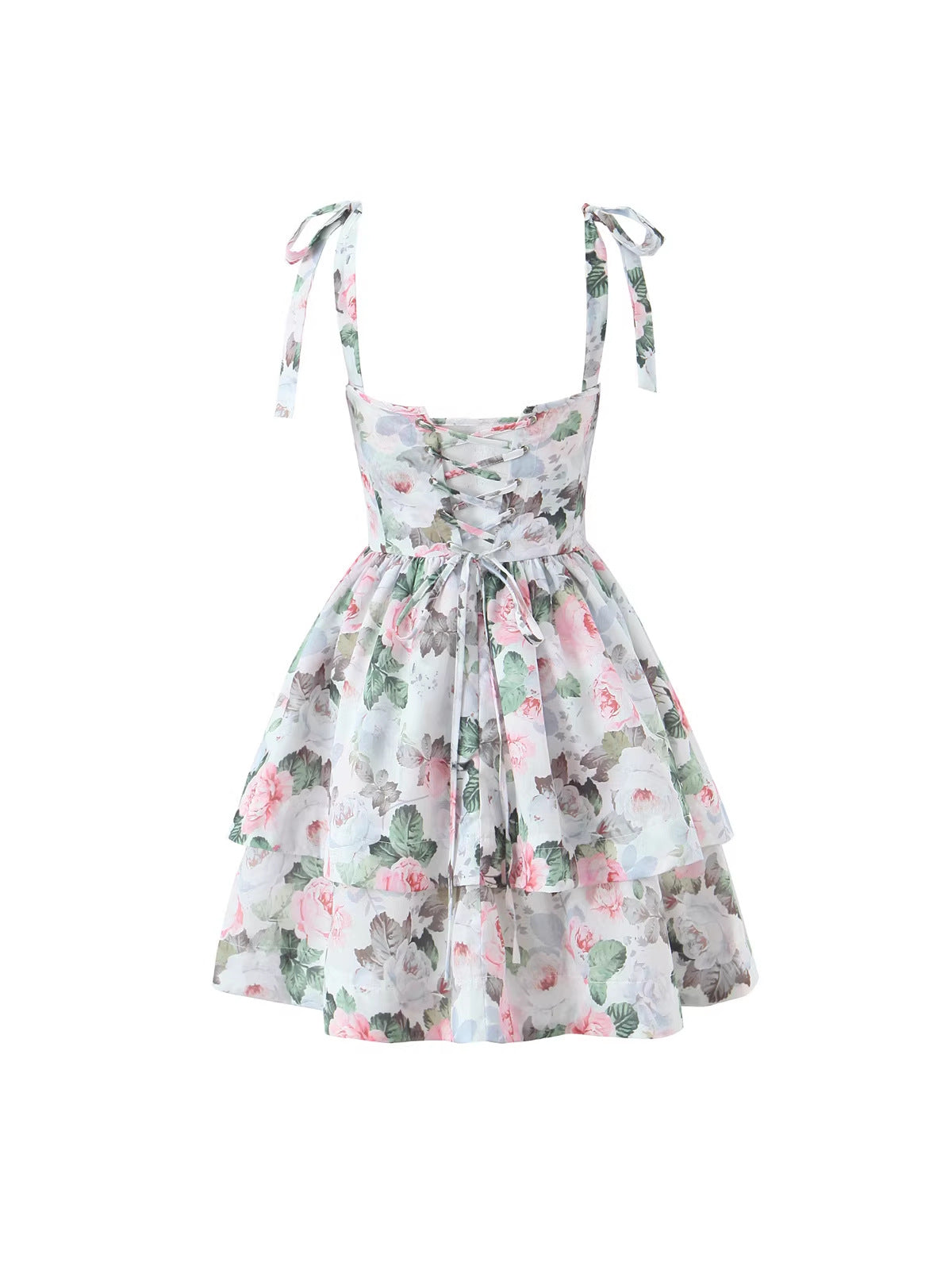 AM Vision RO French Floral Tea Dress with Ruffled Skirt and Adjustable Tie Straps