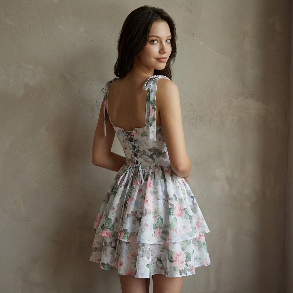 Close-up of the floral print and neckline of the French Floral Tea Dress