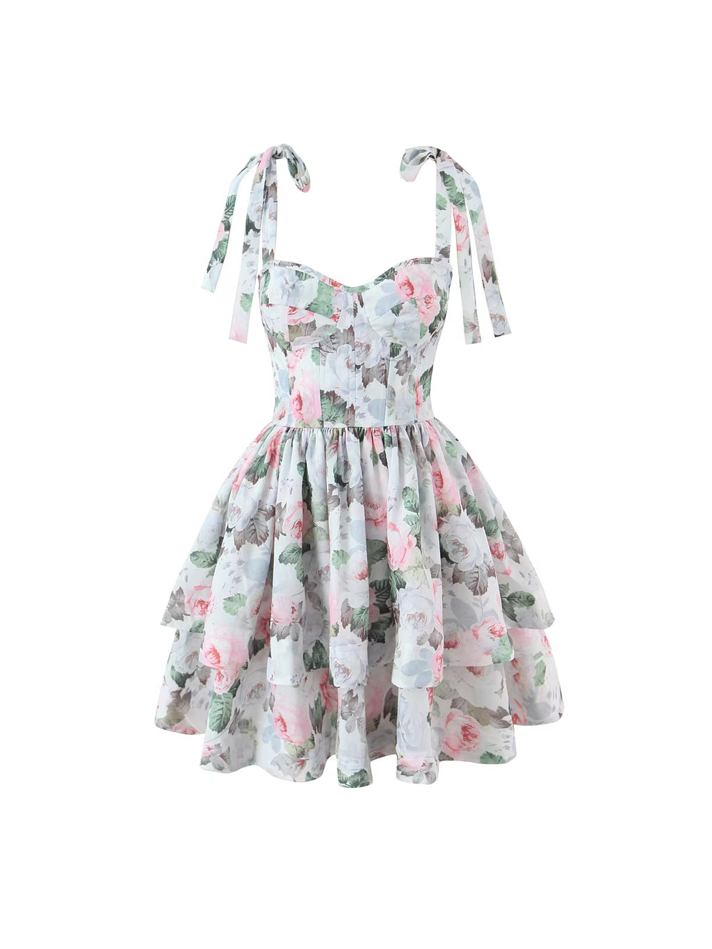 AM Vision RO French Floral Tea Dress with Adjustable Straps and Flouncy Skirt