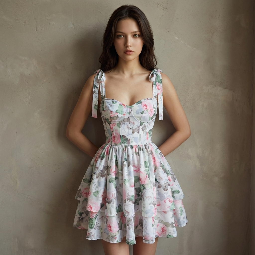 Model wearing the French Floral Tea Dress from AM Vision