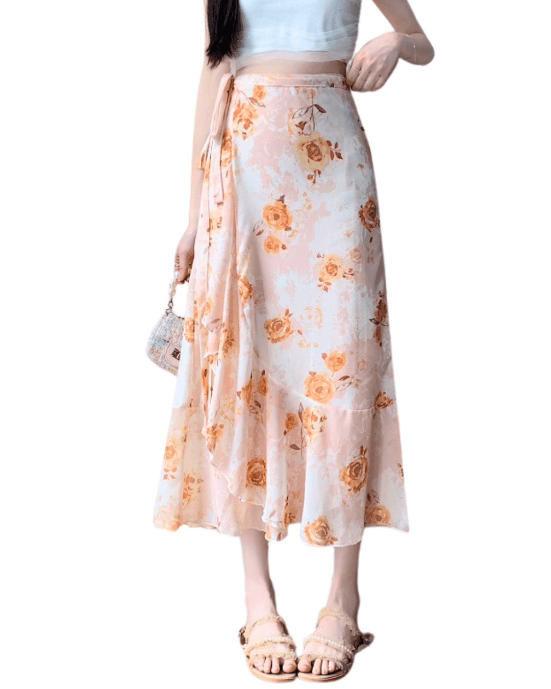 Fustă cu cordon vaporoasă cu imprimeu floral caramel, lungime midi, potrivită pentru vara