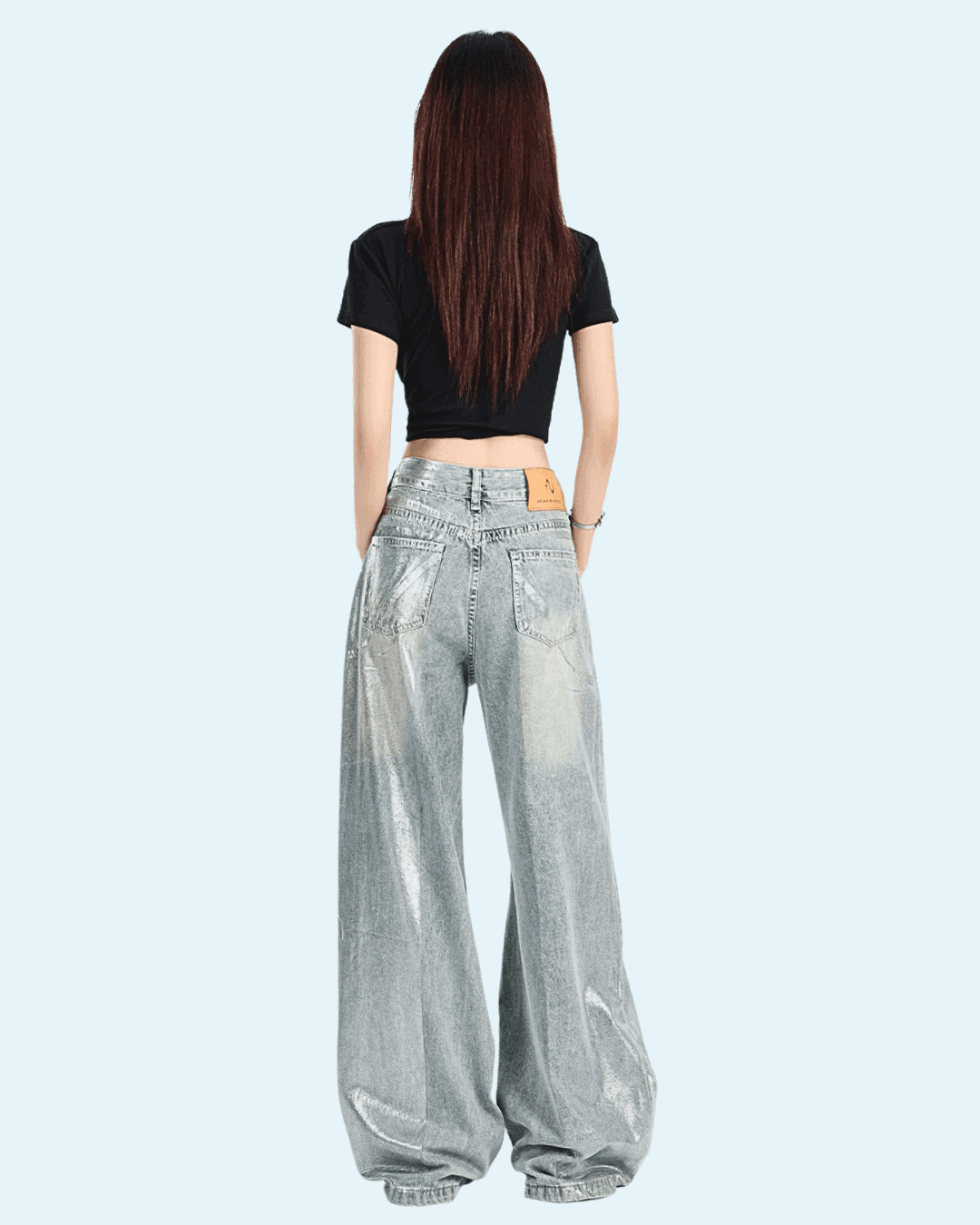 AM Vision RO Glossy Effect Pants in silver with a loose fit and high-waisted design for a trendy look
