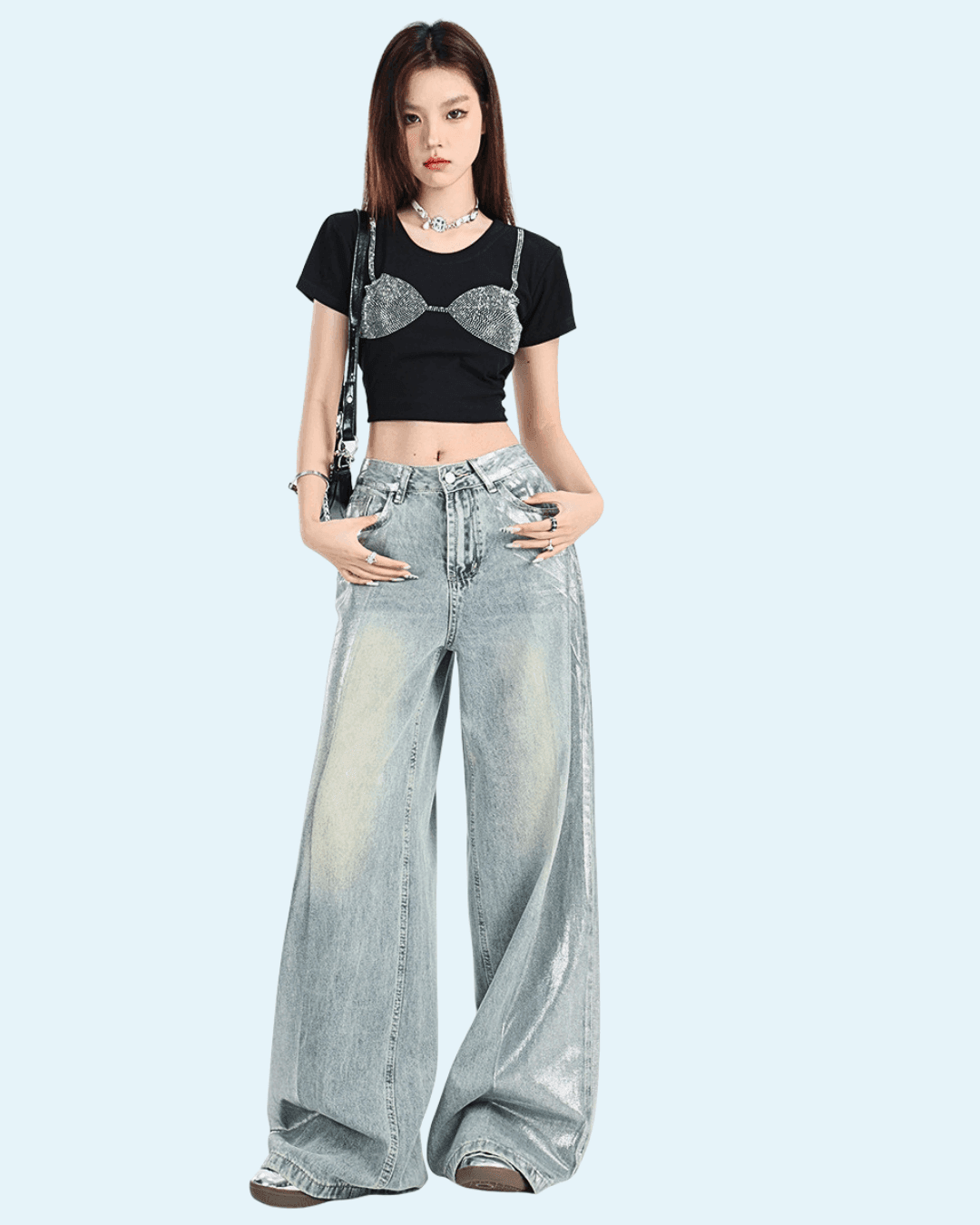 Trendy Glossy Effect Pants with a Wide-Leg Cut, Styled with a Black Crop Top for a Chic Look