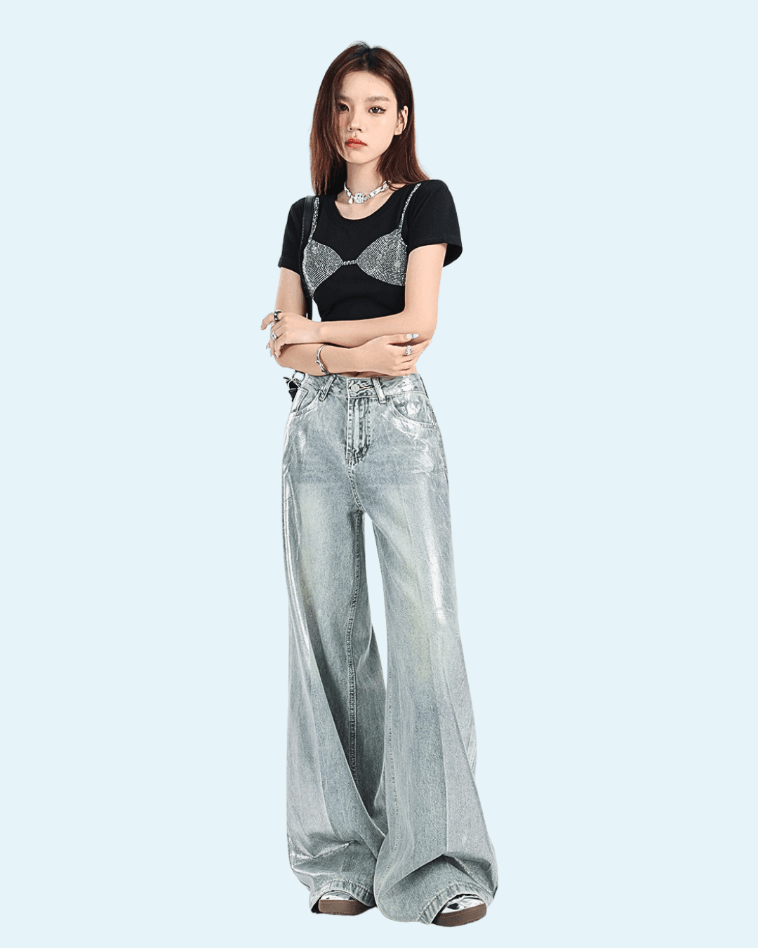 Trendy Glossy Effect Pants in Silver with a Wide-Leg Design for a Stylish Look