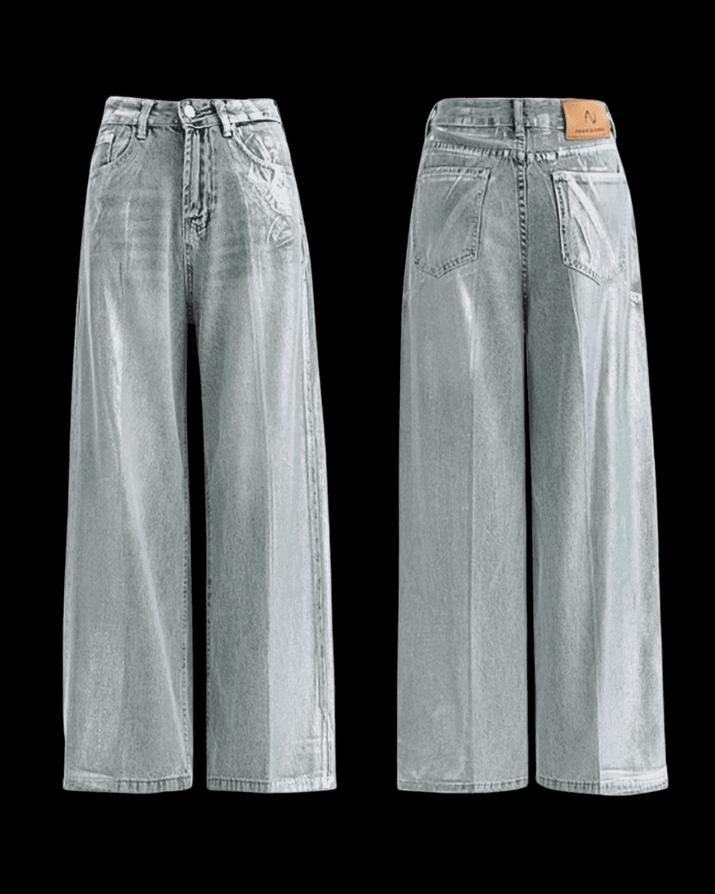 AM Vision RO Glossy Effect Pants in silver, featuring a wide-leg design and a stylish finish