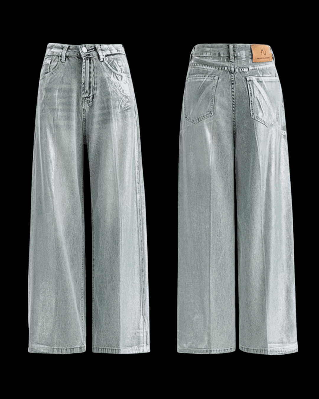 AM Vision RO Glossy Effect Pants in silver, featuring a wide-leg design and a stylish finish