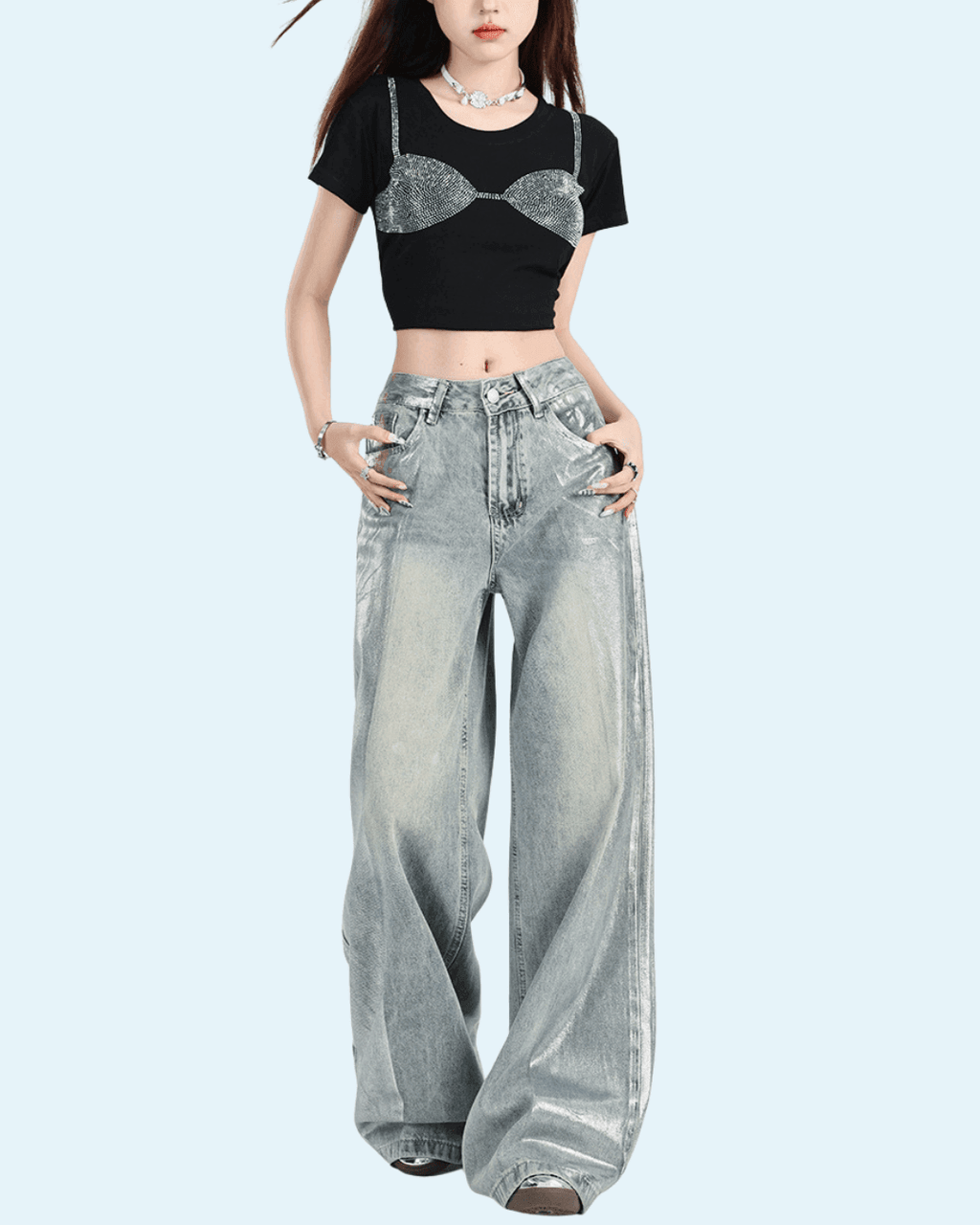Trendy Glossy Effect Pants in light wash with wide-leg design for a modern look