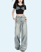 Trendy Glossy Effect Pants in light wash with wide-leg design for a modern look