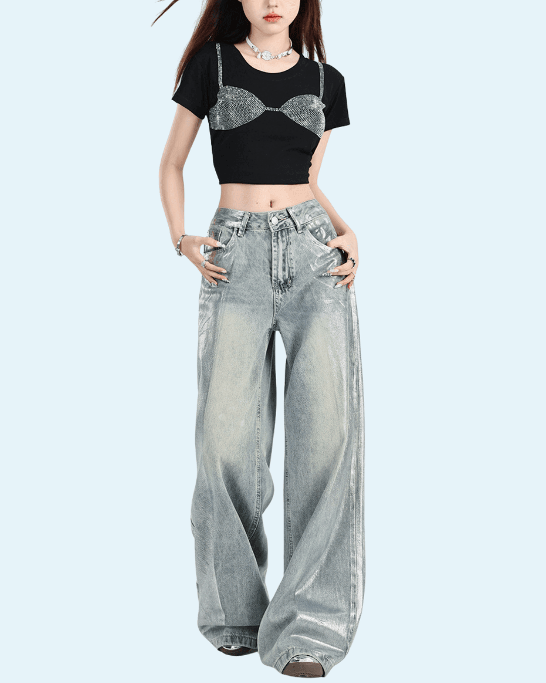Trendy Glossy Effect Pants in light wash with wide-leg design for a modern look