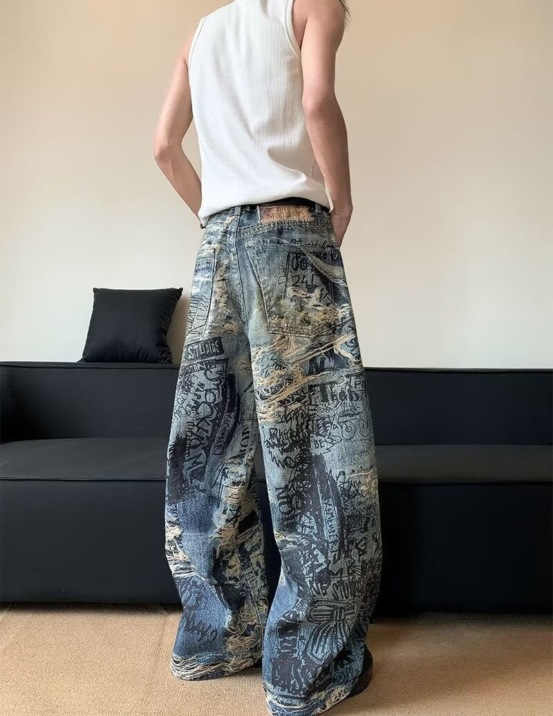AM Vision RO Graffiti Distressed Wide Leg Jeans with a unique design for a trendy streetwear look