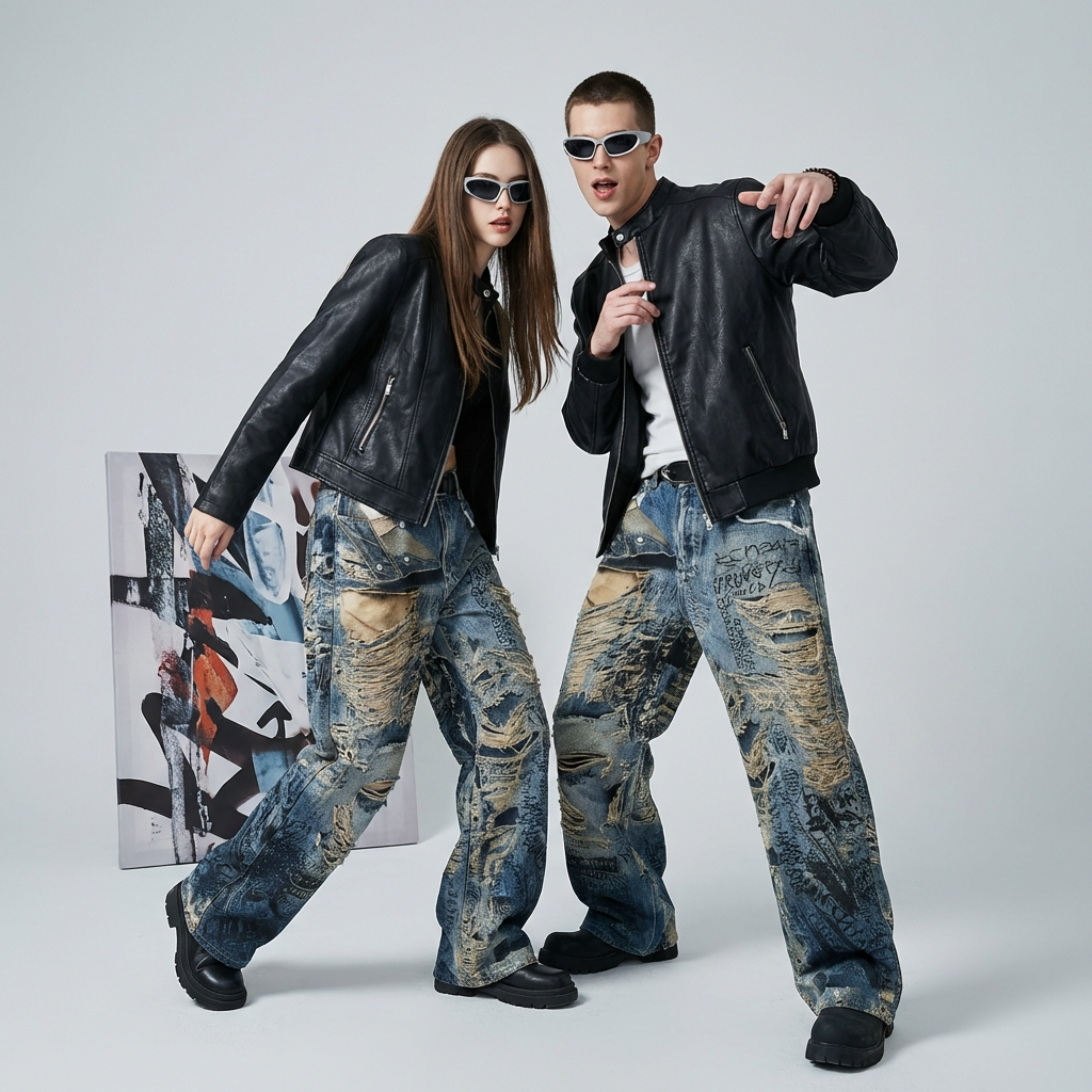 Trendy couple wearing Graffiti Distressed Wide Leg Jeans and leather jackets with stylish sunglasses