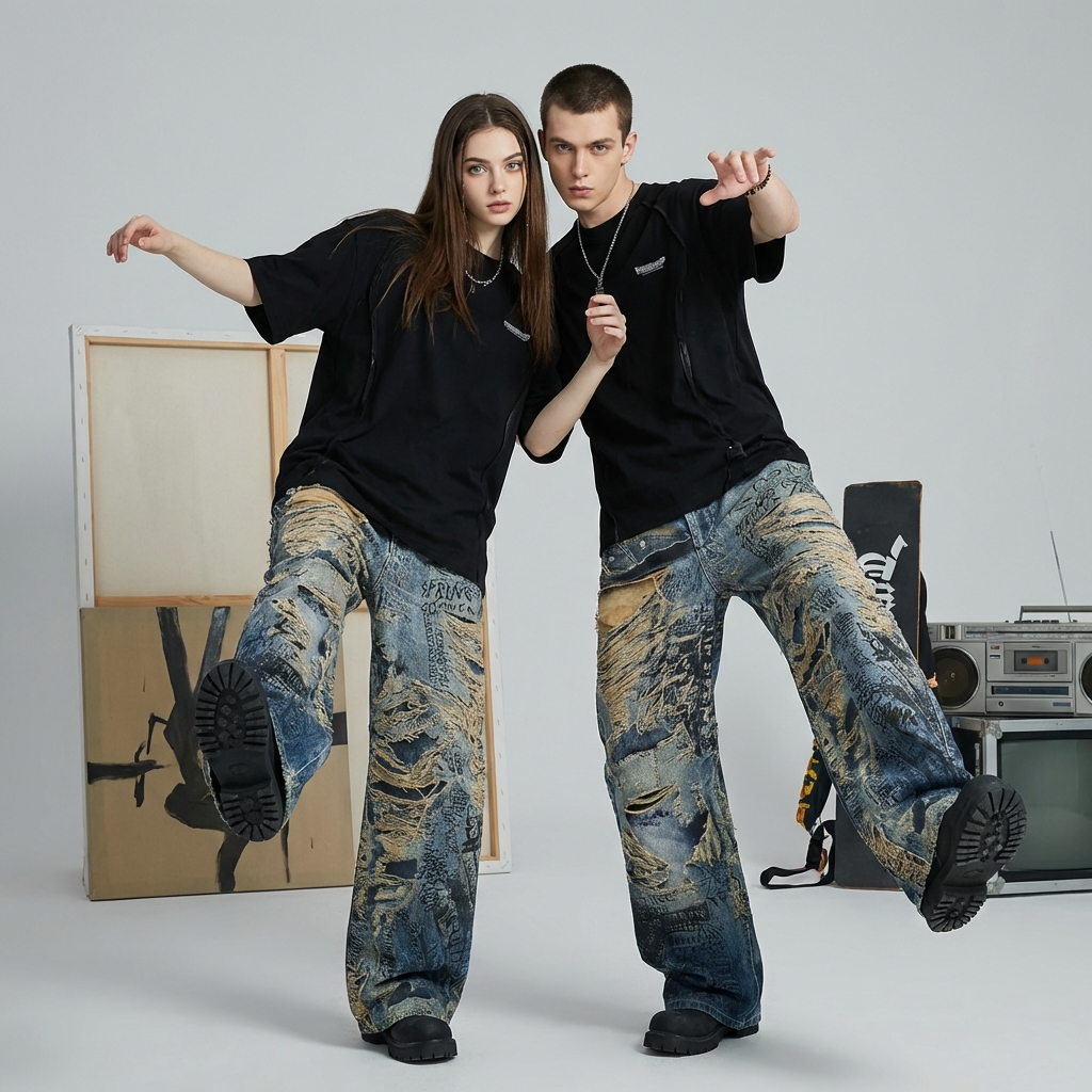 AM Vision RO Graffiti Distressed Wide Leg Jeans in a stylish urban setting, worn by twomodels