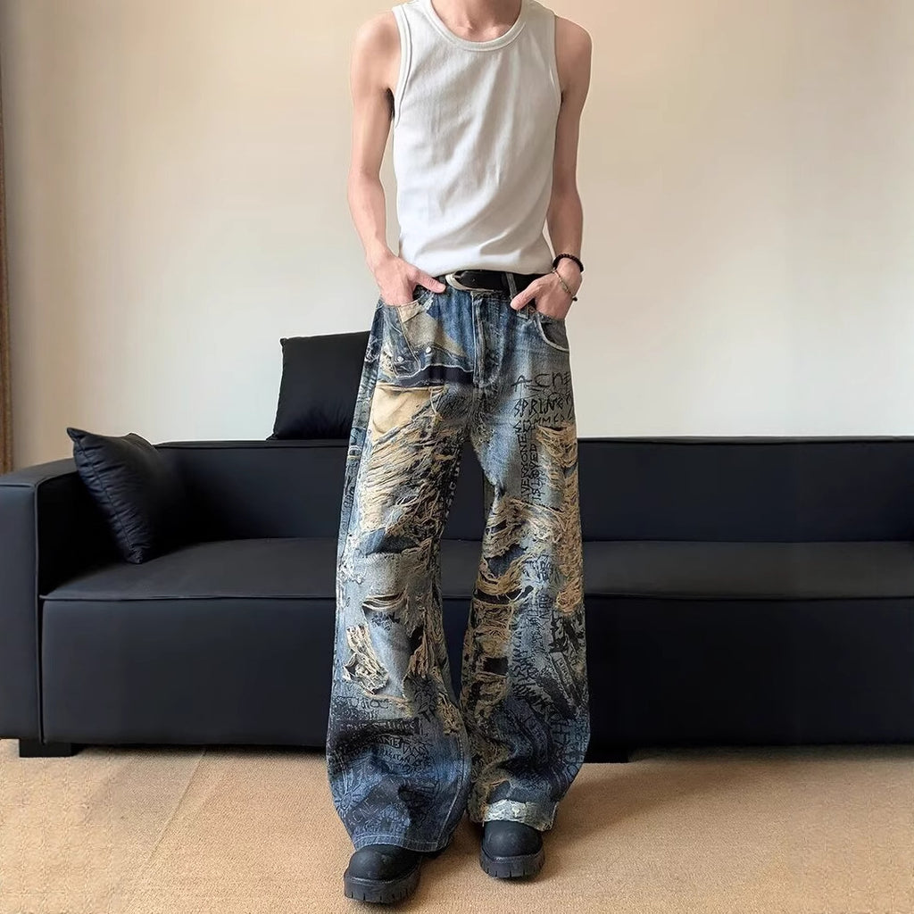 AM Vision RO Graffiti Distressed Wide Leg Jeans with a relaxed fit for a stylish urban look